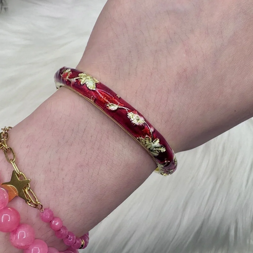 Red Flower Enamel Cloisonne Bracelet Bangle